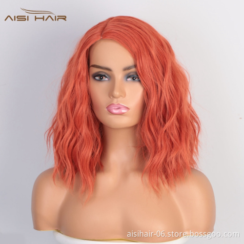 Aisi Hair Heat Resistant Synthetic Wigs For Black Women Side Part Body Wave Wig Short Wavy Orange Red Fiber Machine Made Wigs